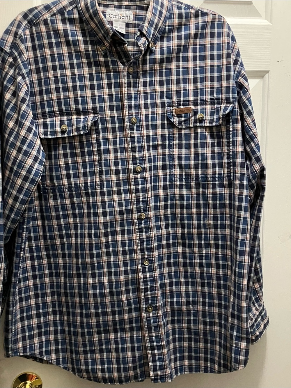 CARHARTT Plaid Work Shirt Long Sleeve 100% Cotton Blue L Men Button Pockets